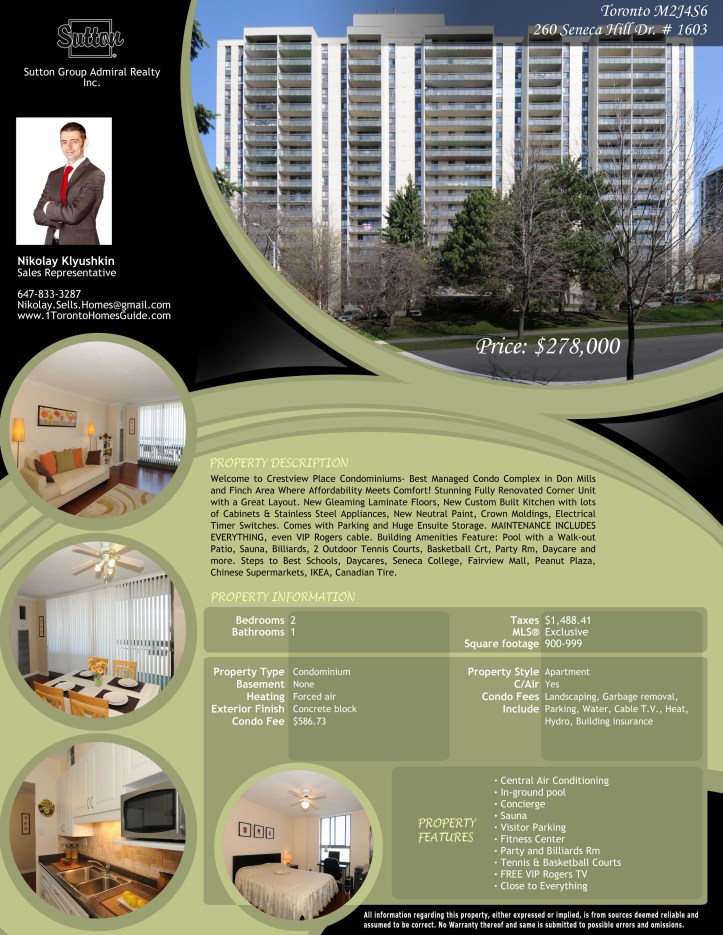 260 Seneca Hill Dr. # 1603, Toronto M2J4S6 Property Feature Shee
